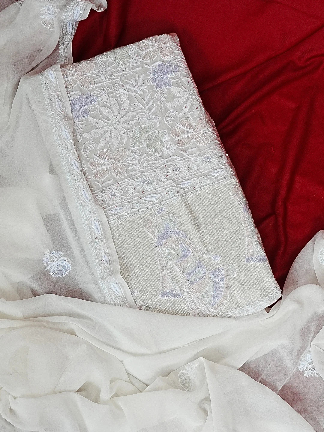 Ada Hand Embroidered Off White Pure Georgette Lucknowi Chikankari Unstitched Kurta Dupatta Set With Cutdana Work 01A552439