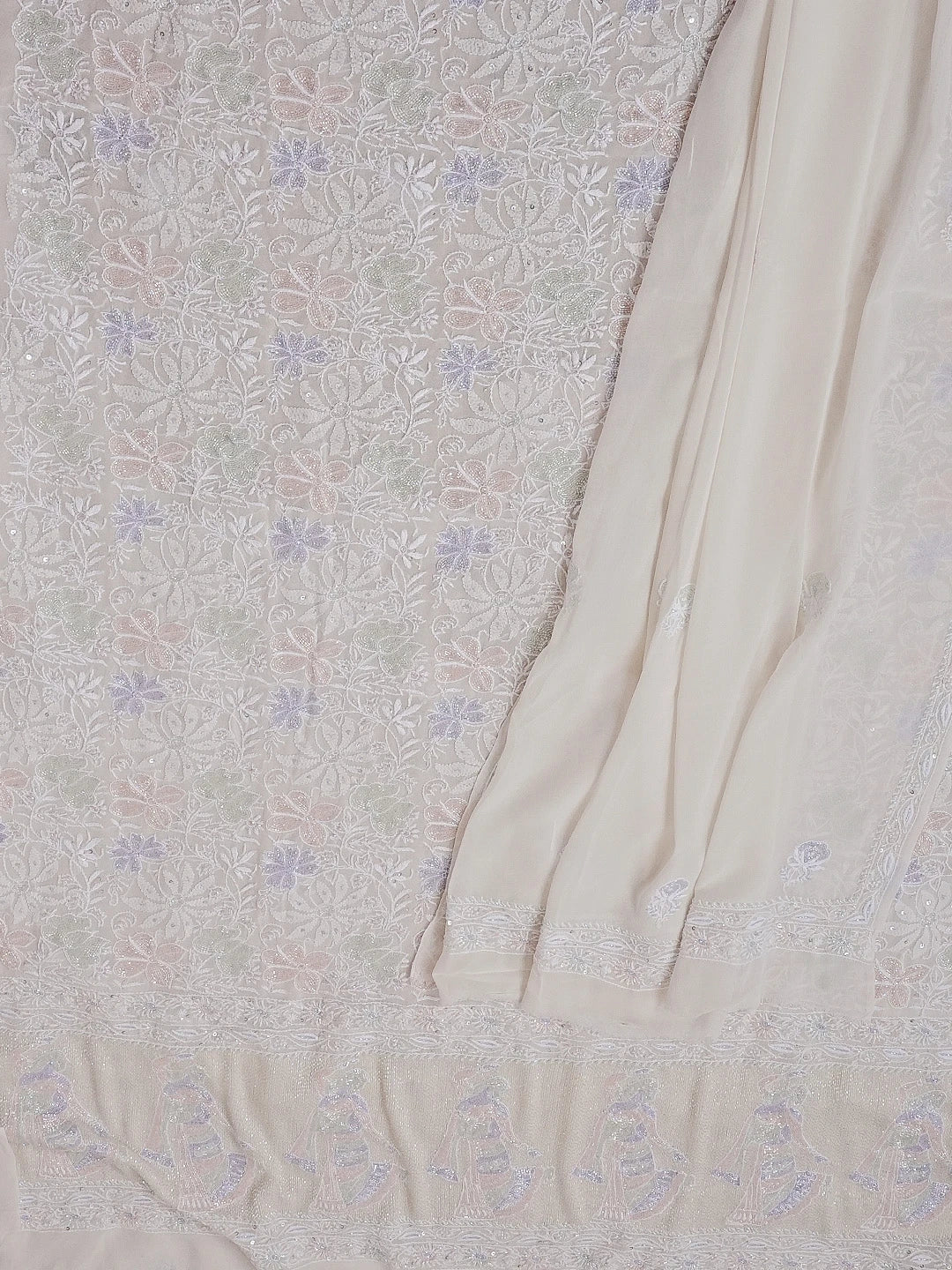 Ada Hand Embroidered Off White Pure Georgette Lucknowi Chikankari Unstitched Kurta Dupatta Set With Cutdana Work 01A552439