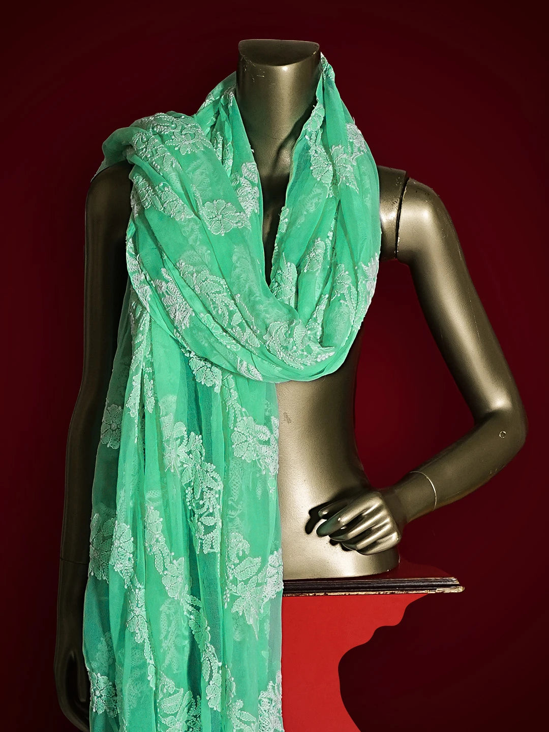 Ada Hand Embroidered Sea Green Georgette Lucknowi Chikankari Dupatta 01A410205