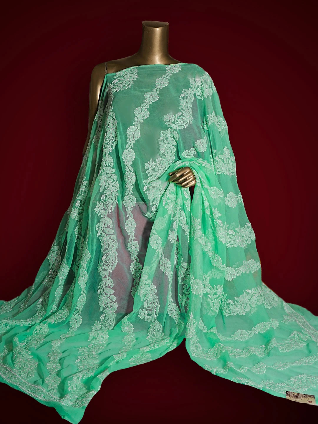 Ada Hand Embroidered Sea Green Georgette Lucknowi Chikankari Dupatta 01A410205