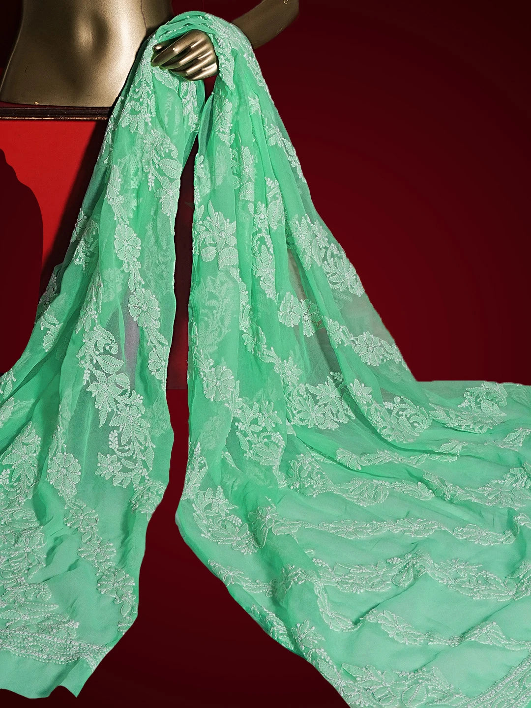 Ada Hand Embroidered Sea Green Georgette Lucknowi Chikankari Dupatta 01A410205