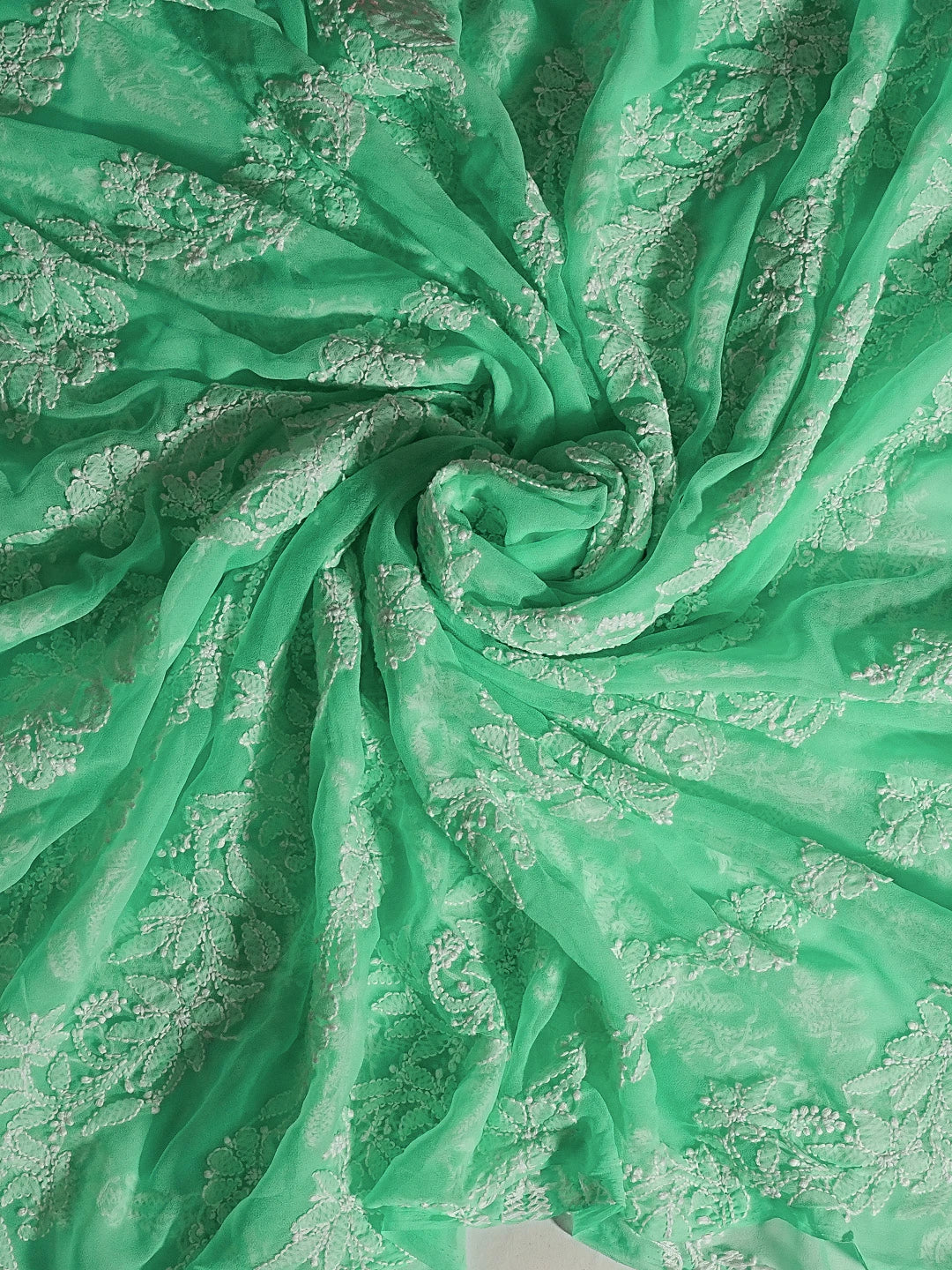 Ada Hand Embroidered Sea Green Georgette Lucknowi Chikankari Dupatta 01A410205