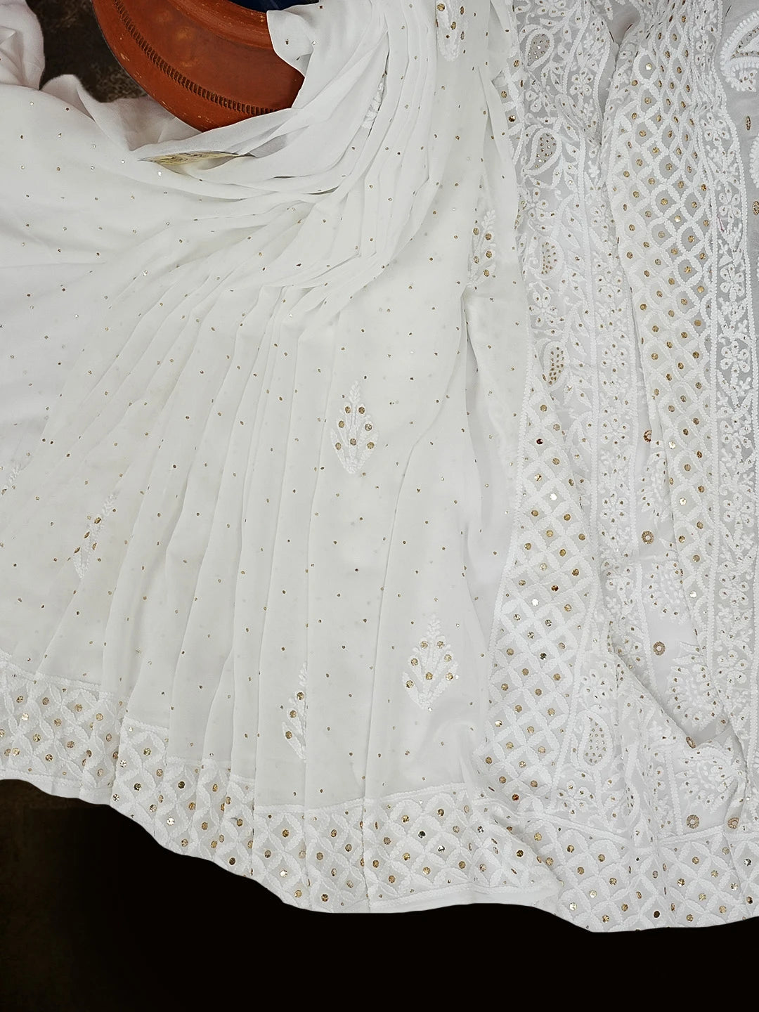 Ada Hand Embroidered Dove White Viscose Georgette Lucknowi Chikankari Saree/Blouse With Muqaish Work 01A554803