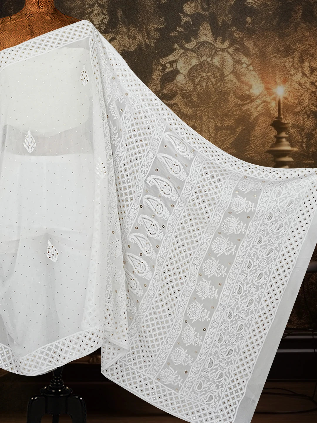 Ada Hand Embroidered Dove White Viscose Georgette Lucknowi Chikankari Saree/Blouse With Muqaish Work 01A554803
