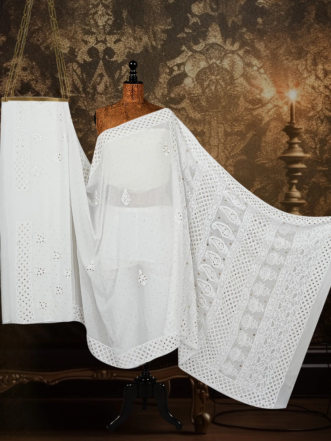 Ada Hand Embroidered Dove White Viscose Georgette Lucknowi Chikankari Saree/Blouse With Muqaish Work 01A554803
