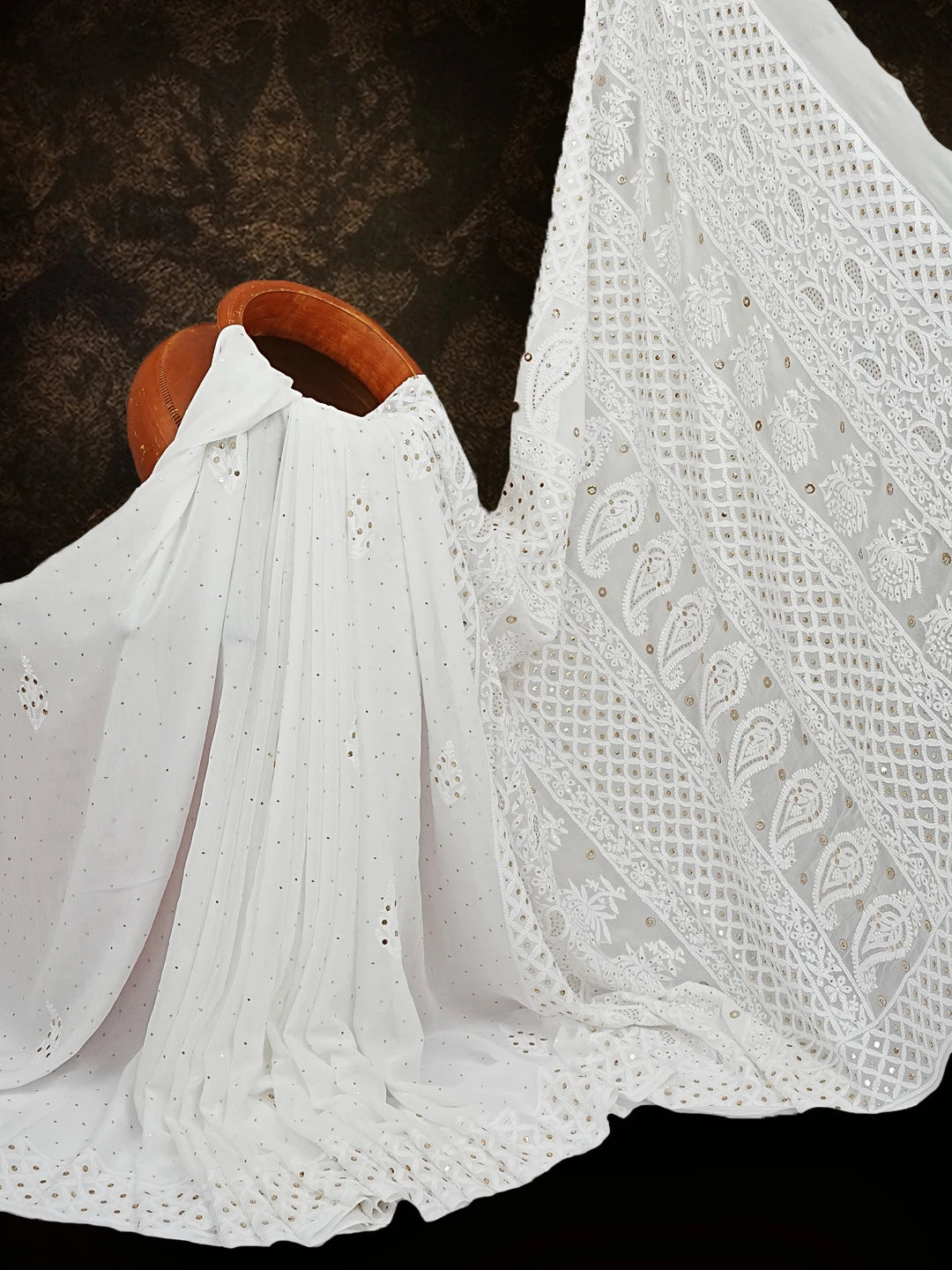 Ada Hand Embroidered Dove White Viscose Georgette Lucknowi Chikankari Saree/Blouse With Muqaish Work 01A554803