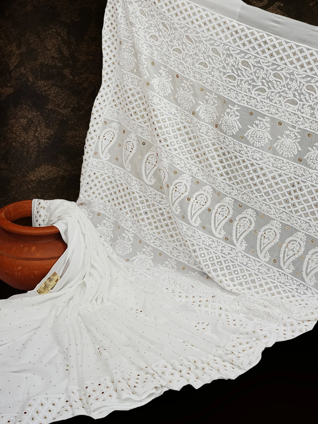 Ada Hand Embroidered Dove White Viscose Georgette Lucknowi Chikankari Saree/Blouse With Muqaish Work 01A554803