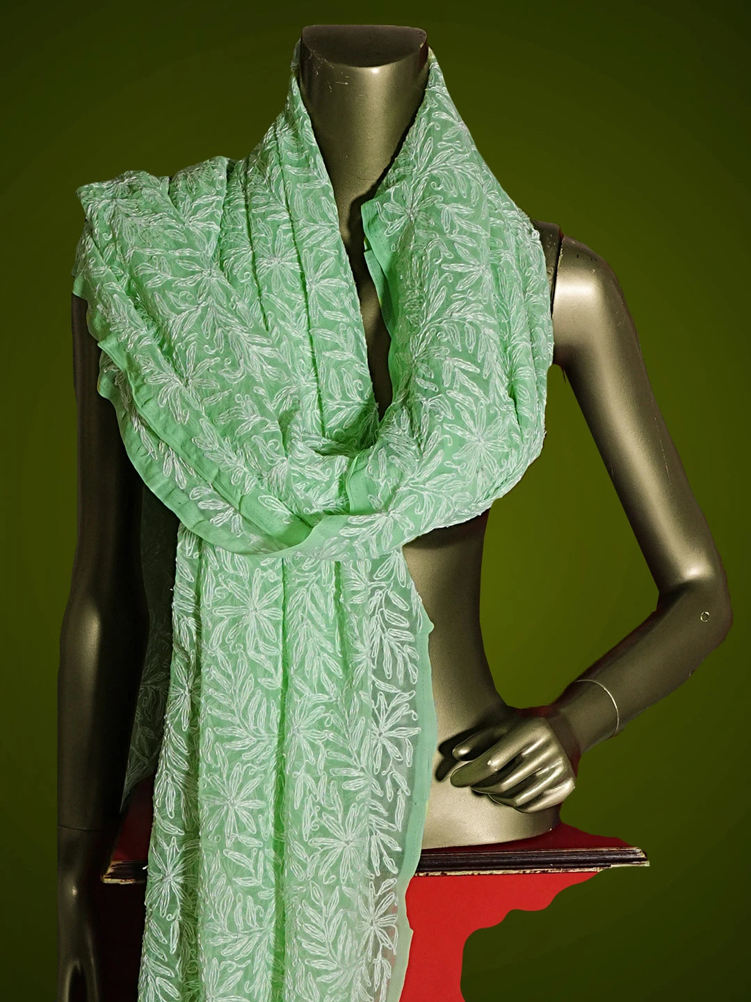 Ada Hand Embroidered Green Georgette Lucknowi Chikankari Dupatta 01A210910