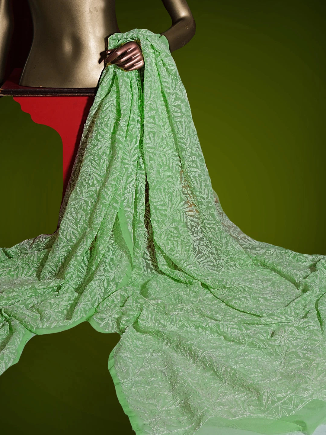Ada Hand Embroidered Green Georgette Lucknowi Chikankari Dupatta 01A210910