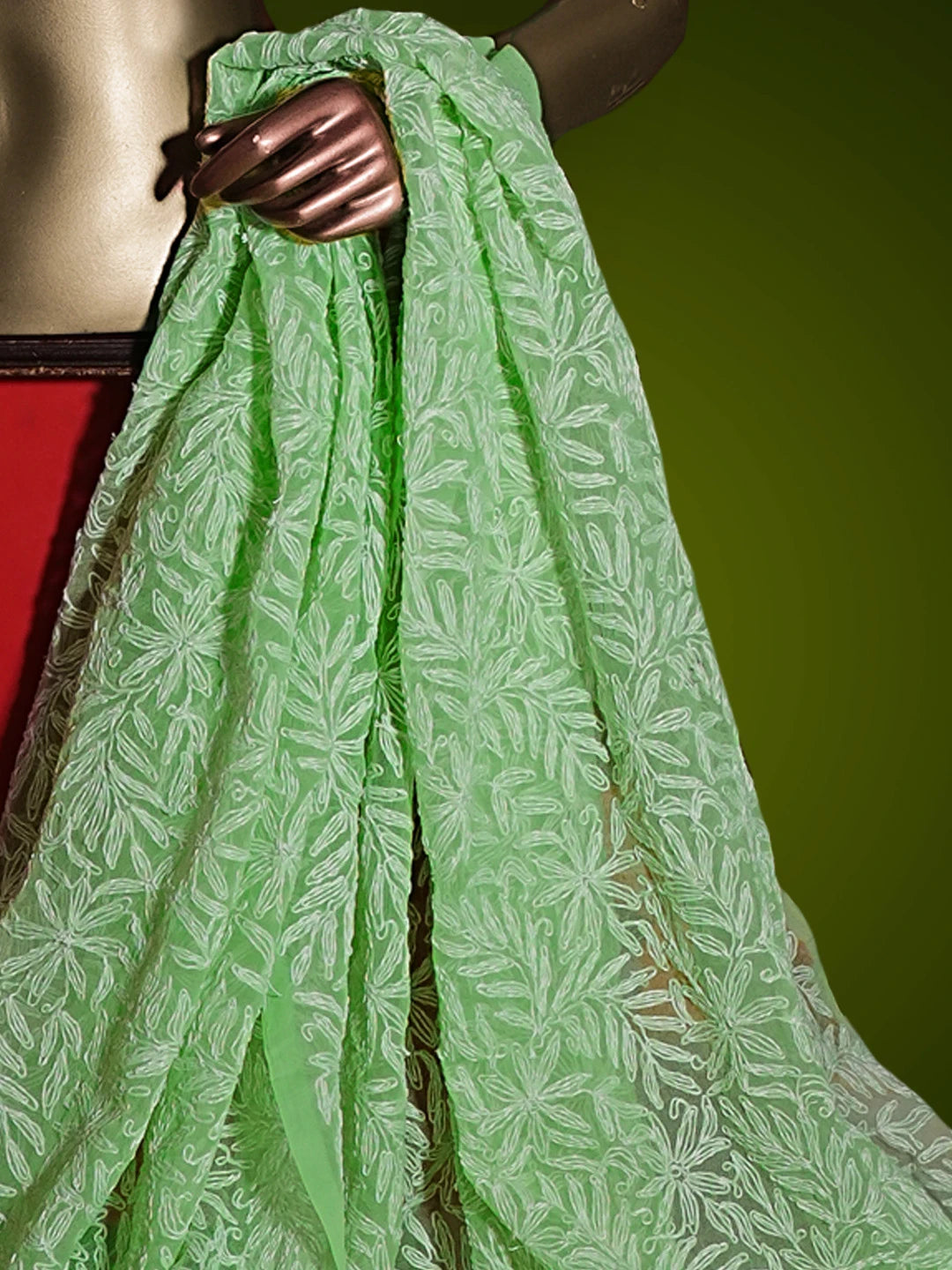 Ada Hand Embroidered Green Georgette Lucknowi Chikankari Dupatta 01A210910