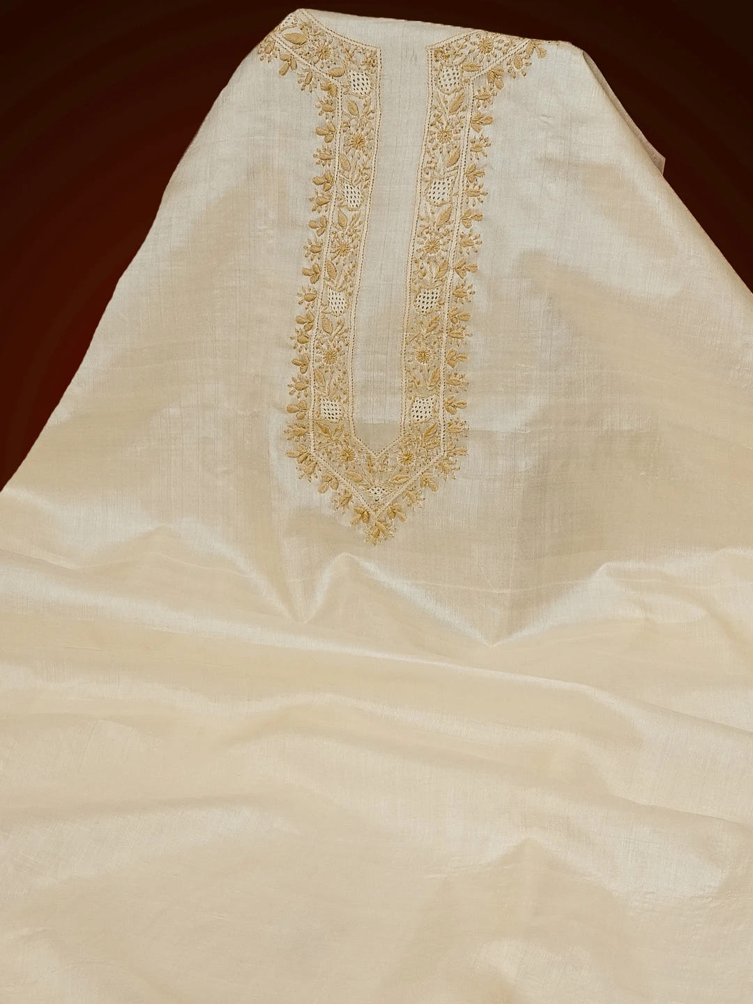 Ada Hand Embroidered Cream Silk Lucknowi Chikankari Men's Kurta Piece 01A545949