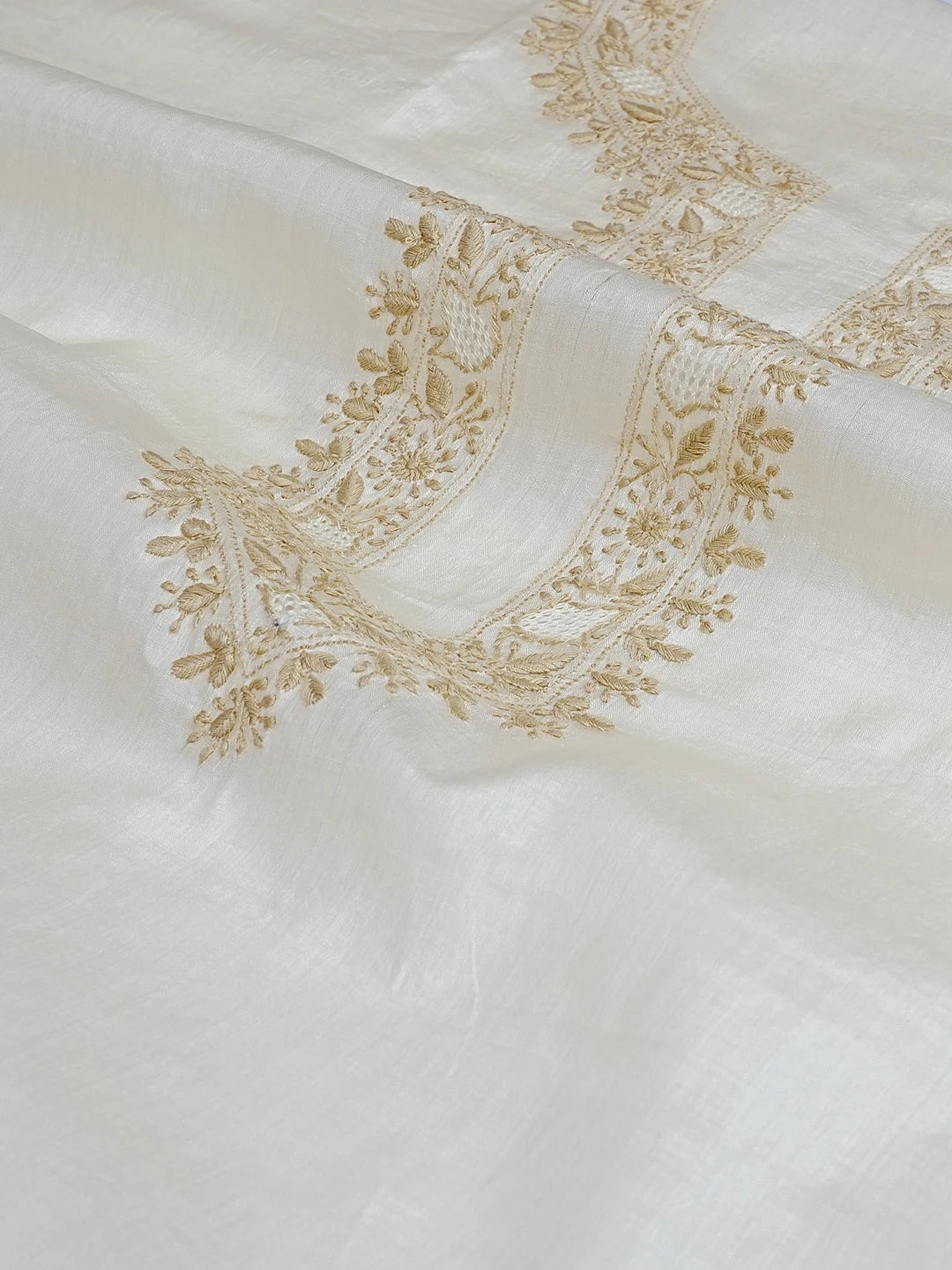 Ada Hand Embroidered Cream Silk Lucknowi Chikankari Men's Kurta Piece 01A545949