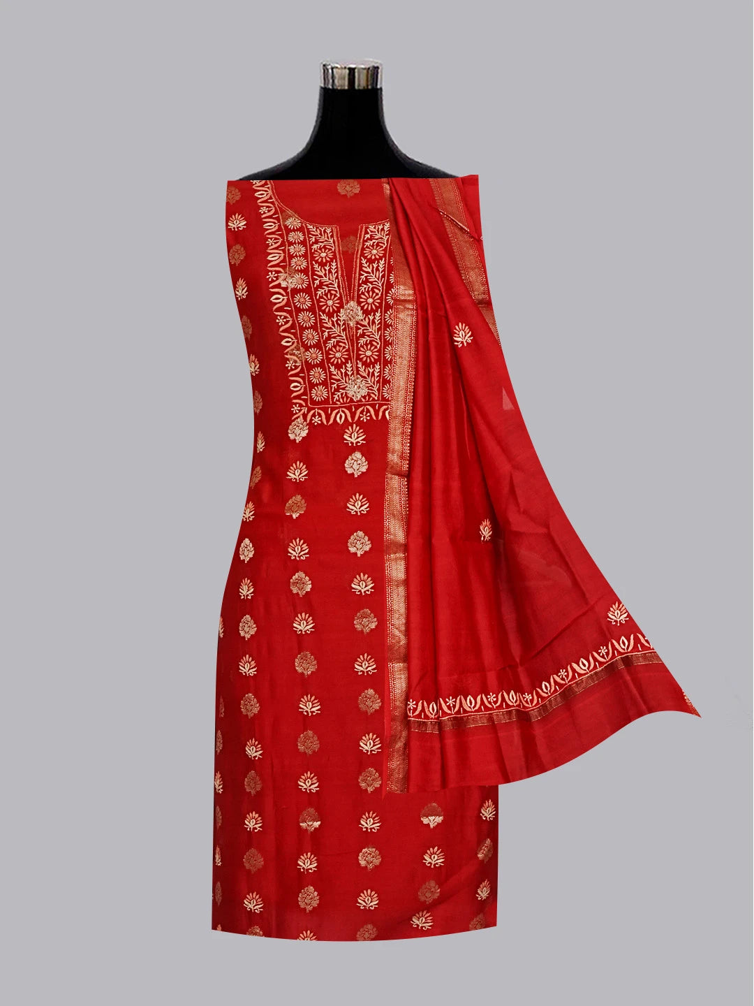 Ada Hand Embroidered Red Chanderi Lucknowi Chikankari Unstitched Kurta Dupatta Set 01A322798