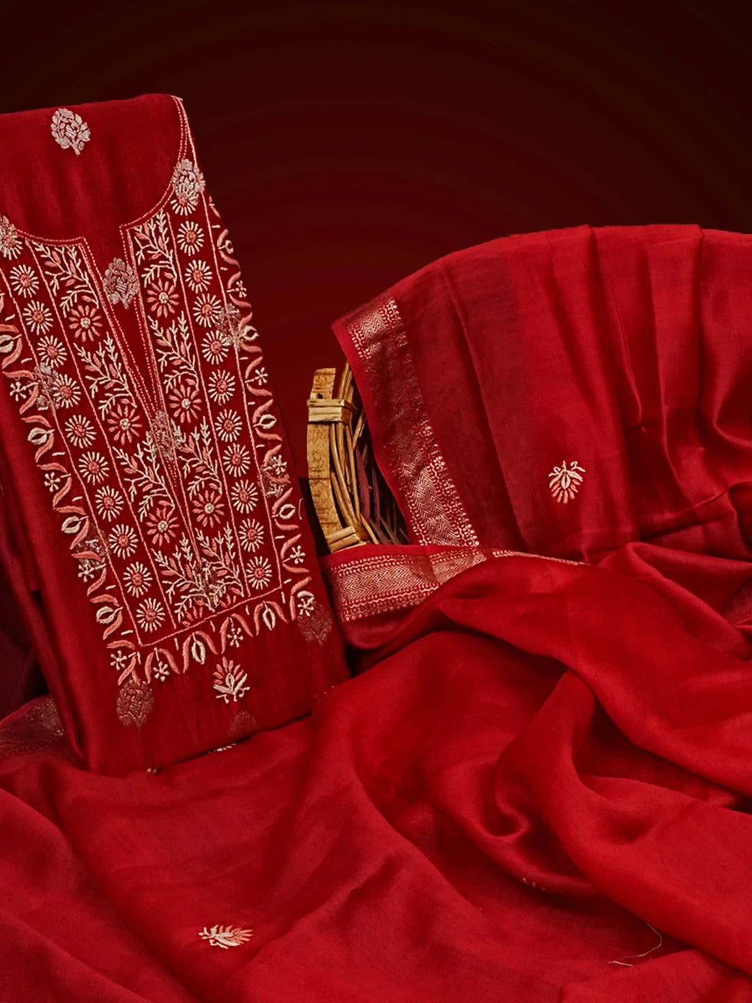 Ada Hand Embroidered Red Chanderi Lucknowi Chikankari Unstitched Kurta Dupatta Set 01A322798