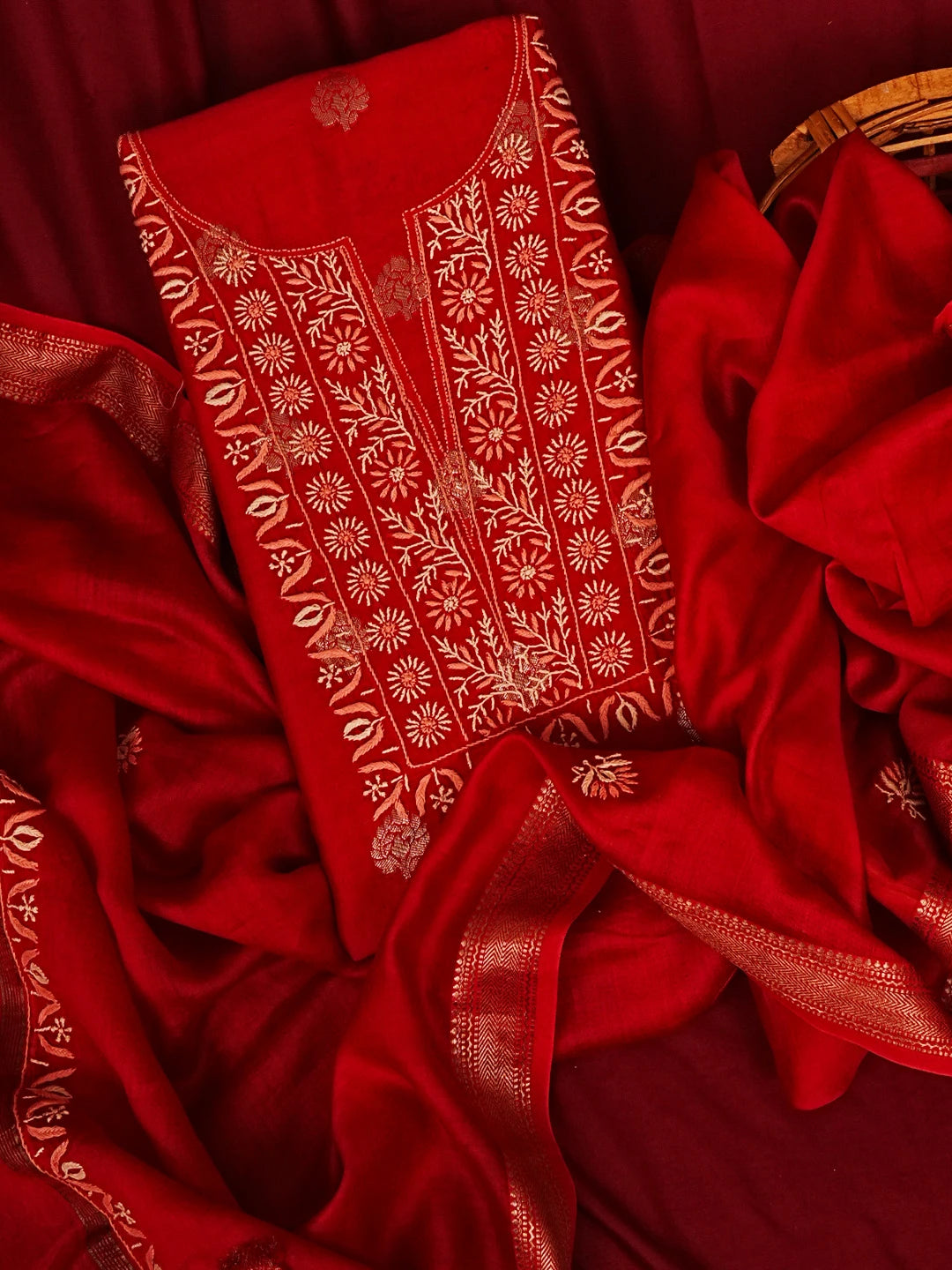 Ada Hand Embroidered Red Chanderi Lucknowi Chikankari Unstitched Kurta Dupatta Set 01A322798