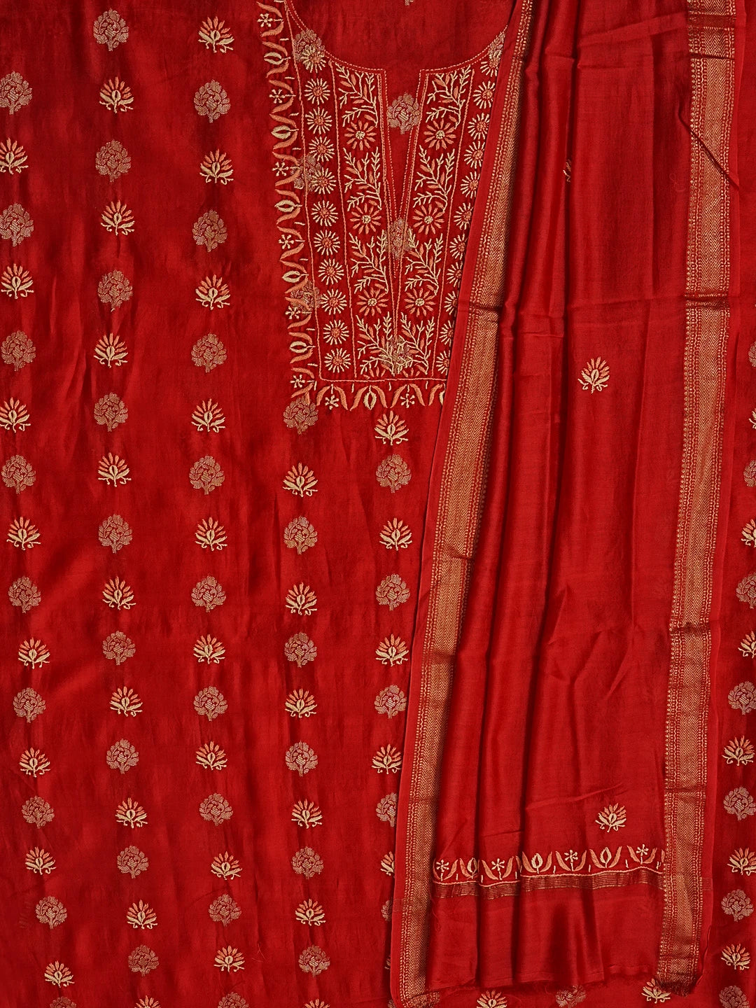 Ada Hand Embroidered Red Chanderi Lucknowi Chikankari Unstitched Kurta Dupatta Set 01A322798