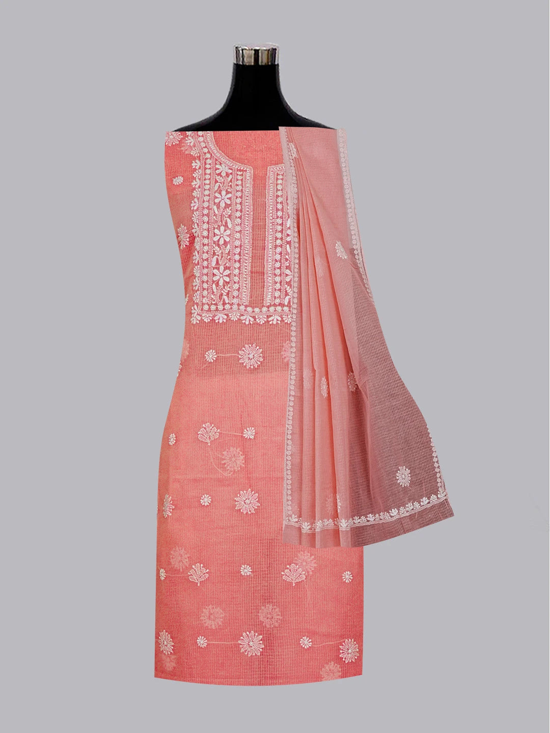 Ada Hand Embroidered Momo Peach Kota Lucknowi Chikankari Unstitched Kurta Dupatta Set 01A549055