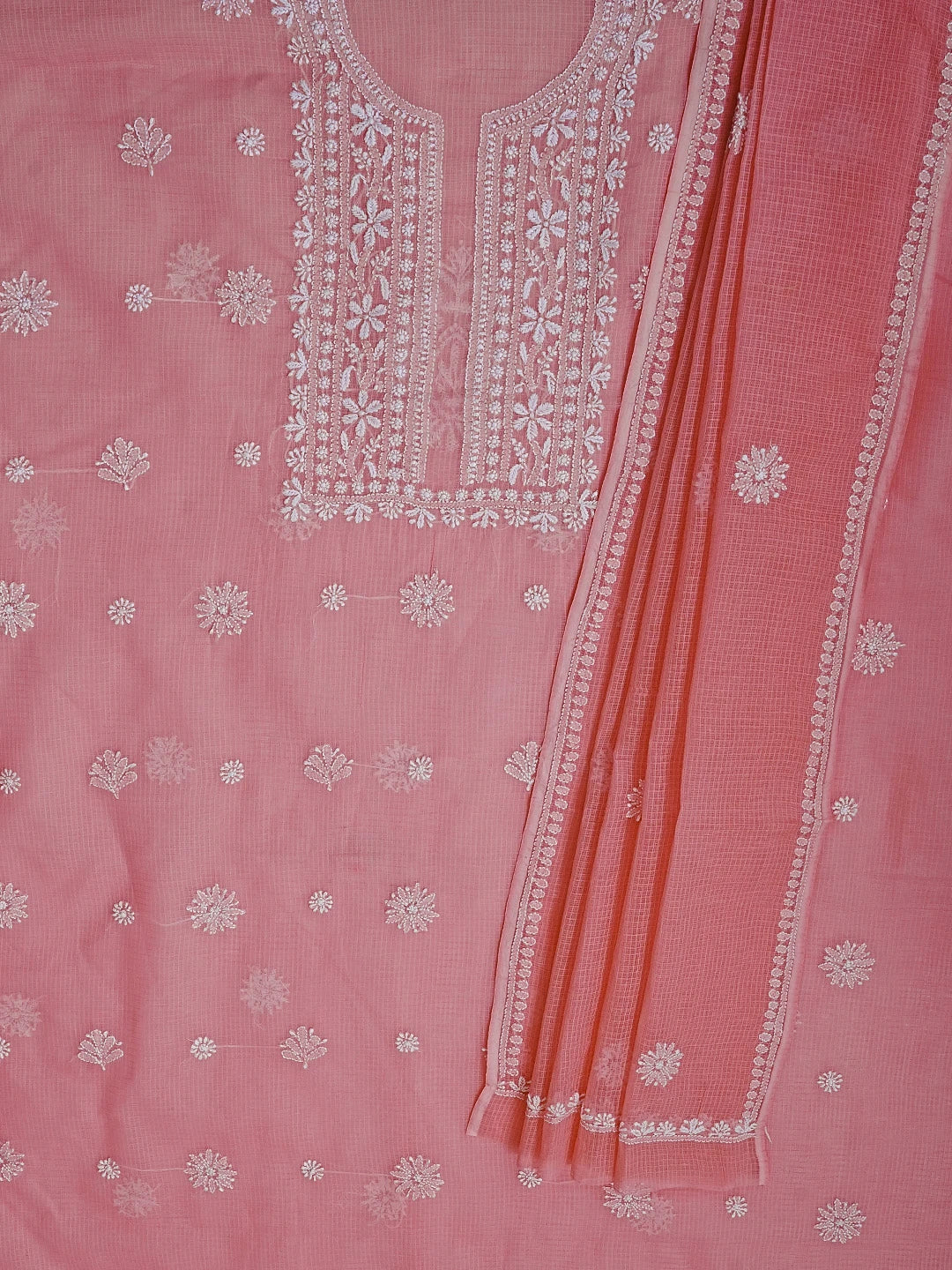 Ada Hand Embroidered Momo Peach Kota Lucknowi Chikankari Unstitched Kurta Dupatta Set 01A549055