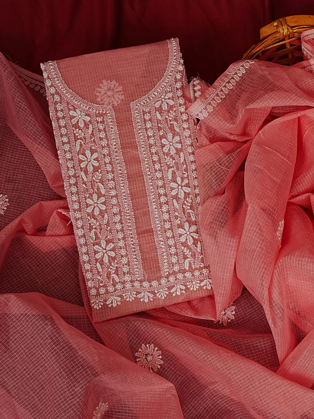 Ada Hand Embroidered Momo Peach Kota Lucknowi Chikankari Unstitched Kurta Dupatta Set 01A549055