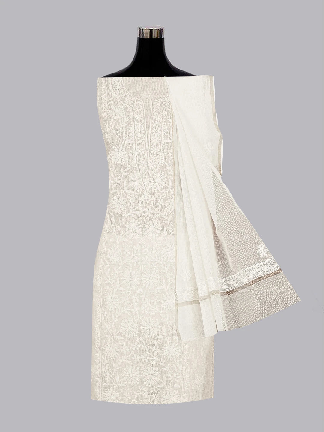Ada Hand Embroidered Off White Kota Lucknowi Chikankari Unstitched Kurta Dupatta Set 01A508527