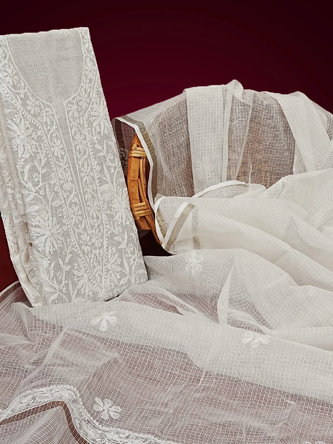 Ada Hand Embroidered Off White Kota Lucknowi Chikankari Unstitched Kurta Dupatta Set 01A508527