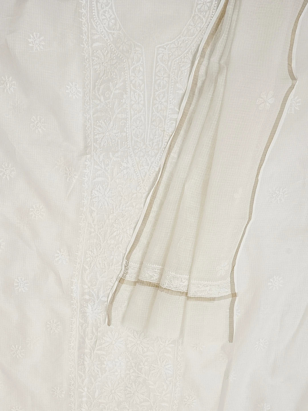Ada Hand Embroidered Off White Kota Lucknowi Chikankari Unstitched Kurta Dupatta Set 01A508527