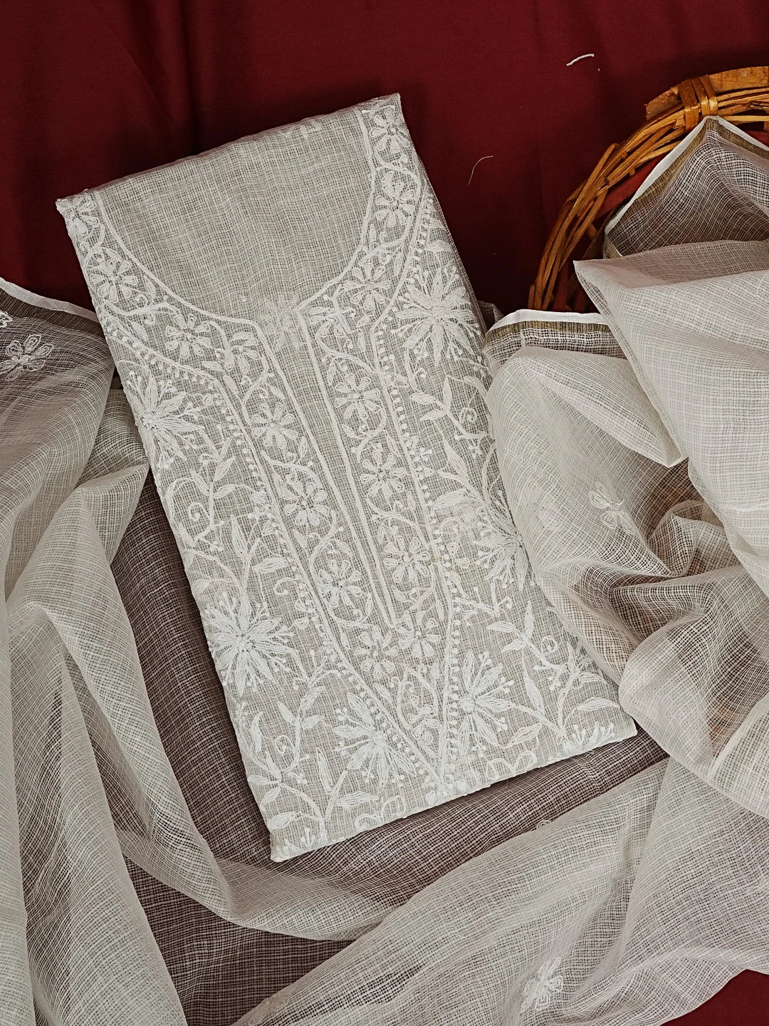Ada Hand Embroidered Off White Kota Lucknowi Chikankari Unstitched Kurta Dupatta Set 01A508527