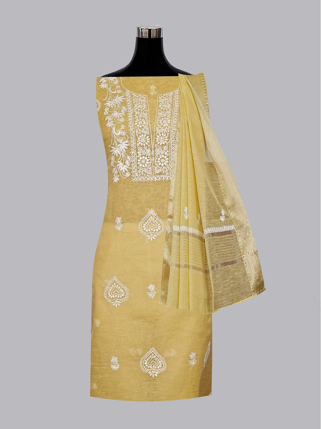 Ada Hand Embroidered Fawn Tissue Lucknowi Chikankari Unstitched Kurta Dupatta Set 01A537503
