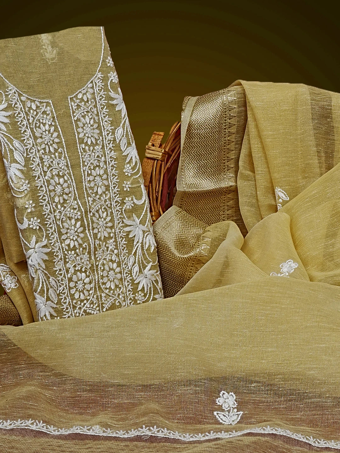 Ada Hand Embroidered Fawn Tissue Lucknowi Chikankari Unstitched Kurta Dupatta Set 01A537503