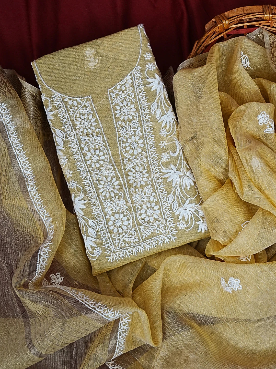 Ada Hand Embroidered Fawn Tissue Lucknowi Chikankari Unstitched Kurta Dupatta Set 01A537503