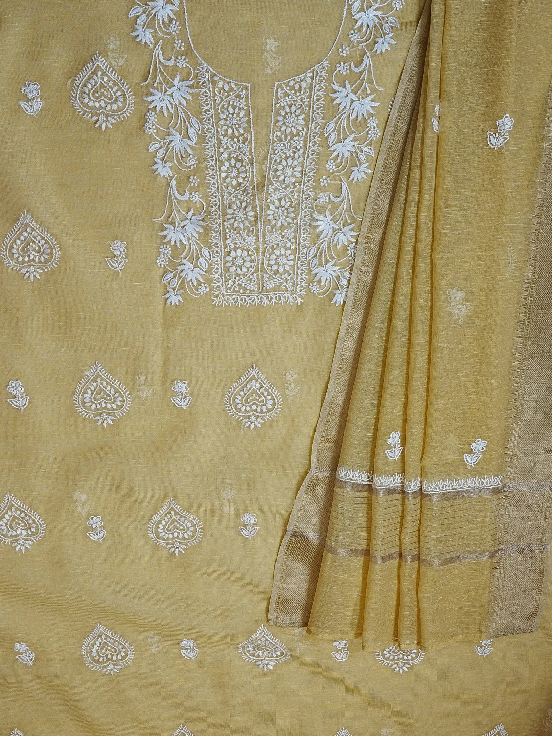 Ada Hand Embroidered Fawn Tissue Lucknowi Chikankari Unstitched Kurta Dupatta Set 01A537503