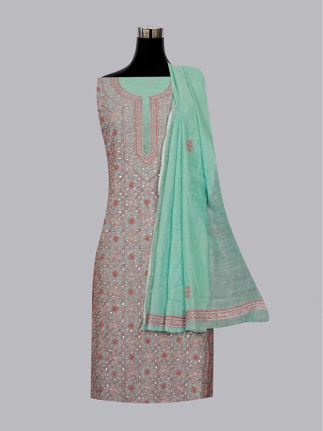 Ada Hand Embroidered Teal Green Chanderi Lucknowi Chikankari Unstitched Kurta Dupatta Set With Sequinned Work 01A525377