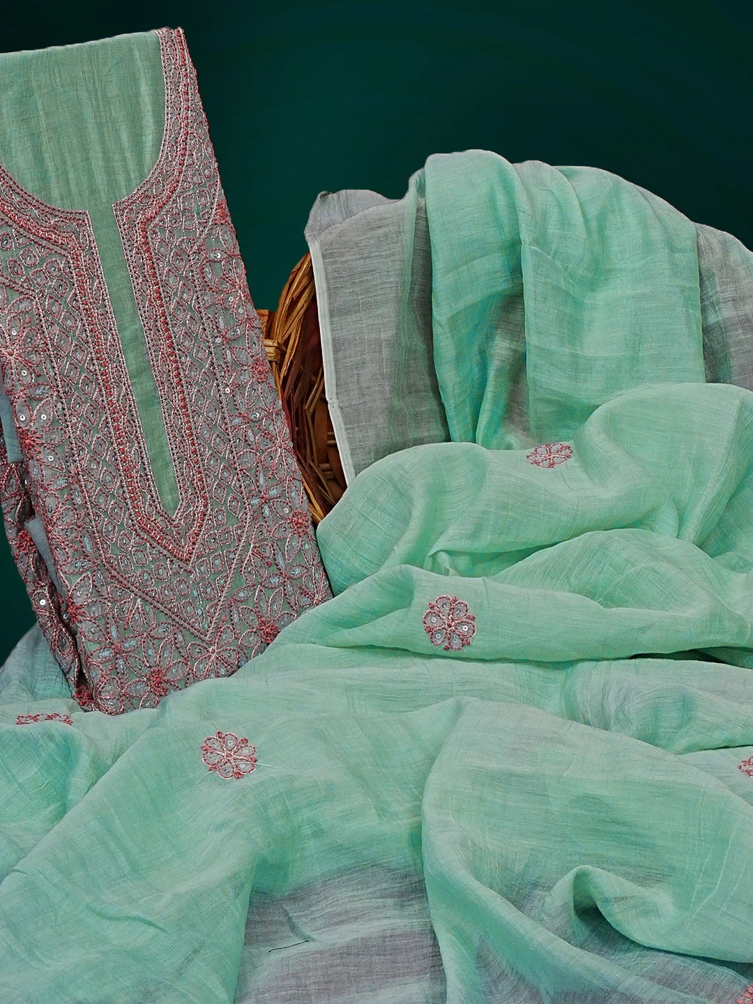 Ada Hand Embroidered Teal Green Chanderi Lucknowi Chikankari Unstitched Kurta Dupatta Set With Sequinned Work 01A525377