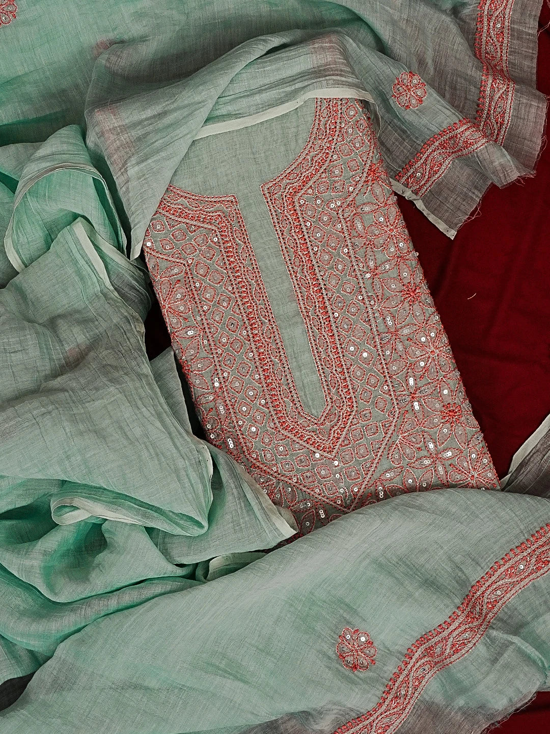 Ada Hand Embroidered Teal Green Chanderi Lucknowi Chikankari Unstitched Kurta Dupatta Set With Sequinned Work 01A525377