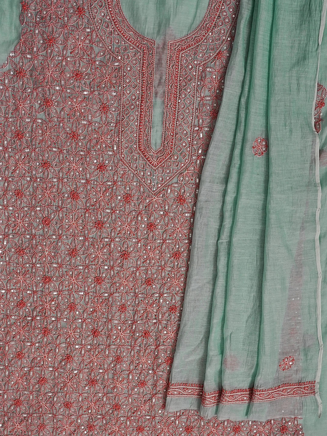 Ada Hand Embroidered Teal Green Chanderi Lucknowi Chikankari Unstitched Kurta Dupatta Set With Sequinned Work 01A525377