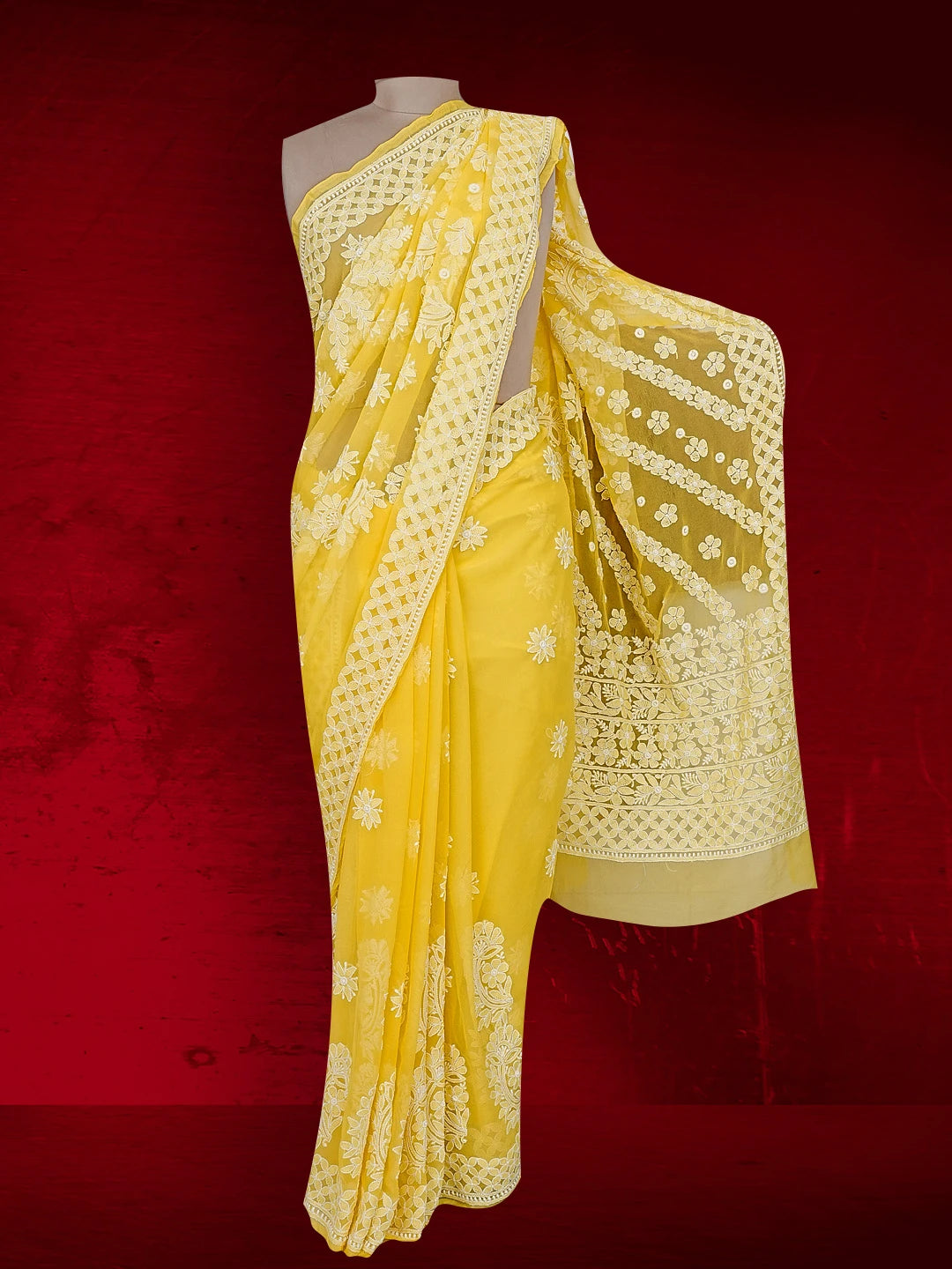 Ada Hand Embroidered Yellow Georgette Lucknowi Chikankari Saree With Blouse 01A554194