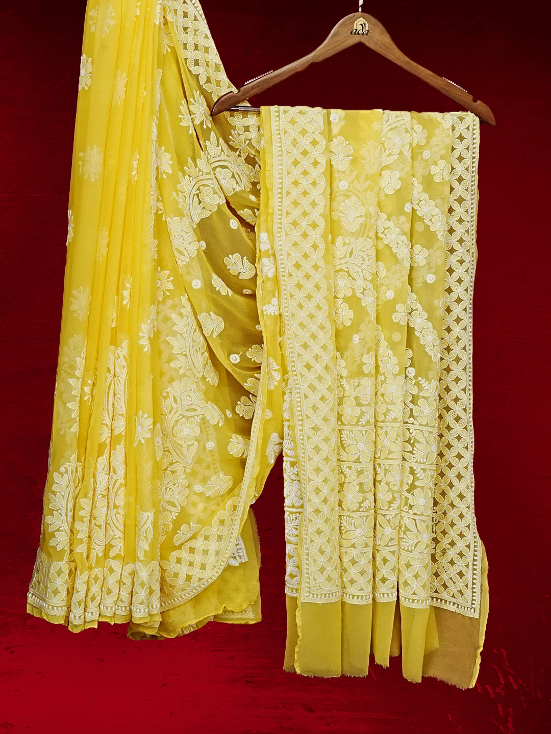 Ada Hand Embroidered Yellow Georgette Lucknowi Chikankari Saree With Blouse 01A554194
