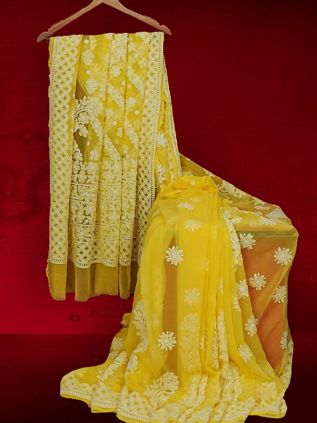 Ada Hand Embroidered Yellow Georgette Lucknowi Chikankari Saree With Blouse 01A554194