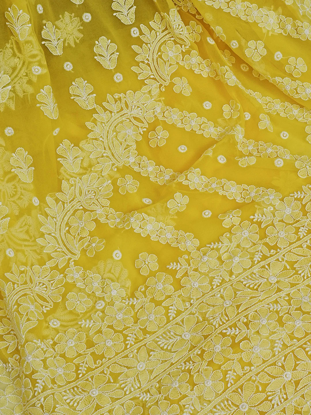Ada Hand Embroidered Yellow Georgette Lucknowi Chikankari Saree With Blouse 01A554194