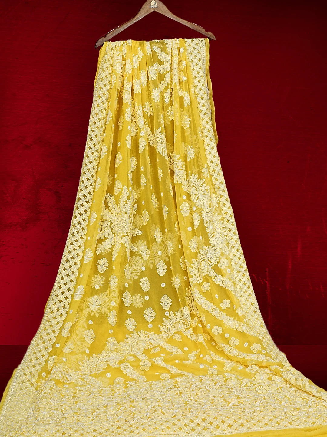 Ada Hand Embroidered Yellow Georgette Lucknowi Chikankari Saree With Blouse 01A554194