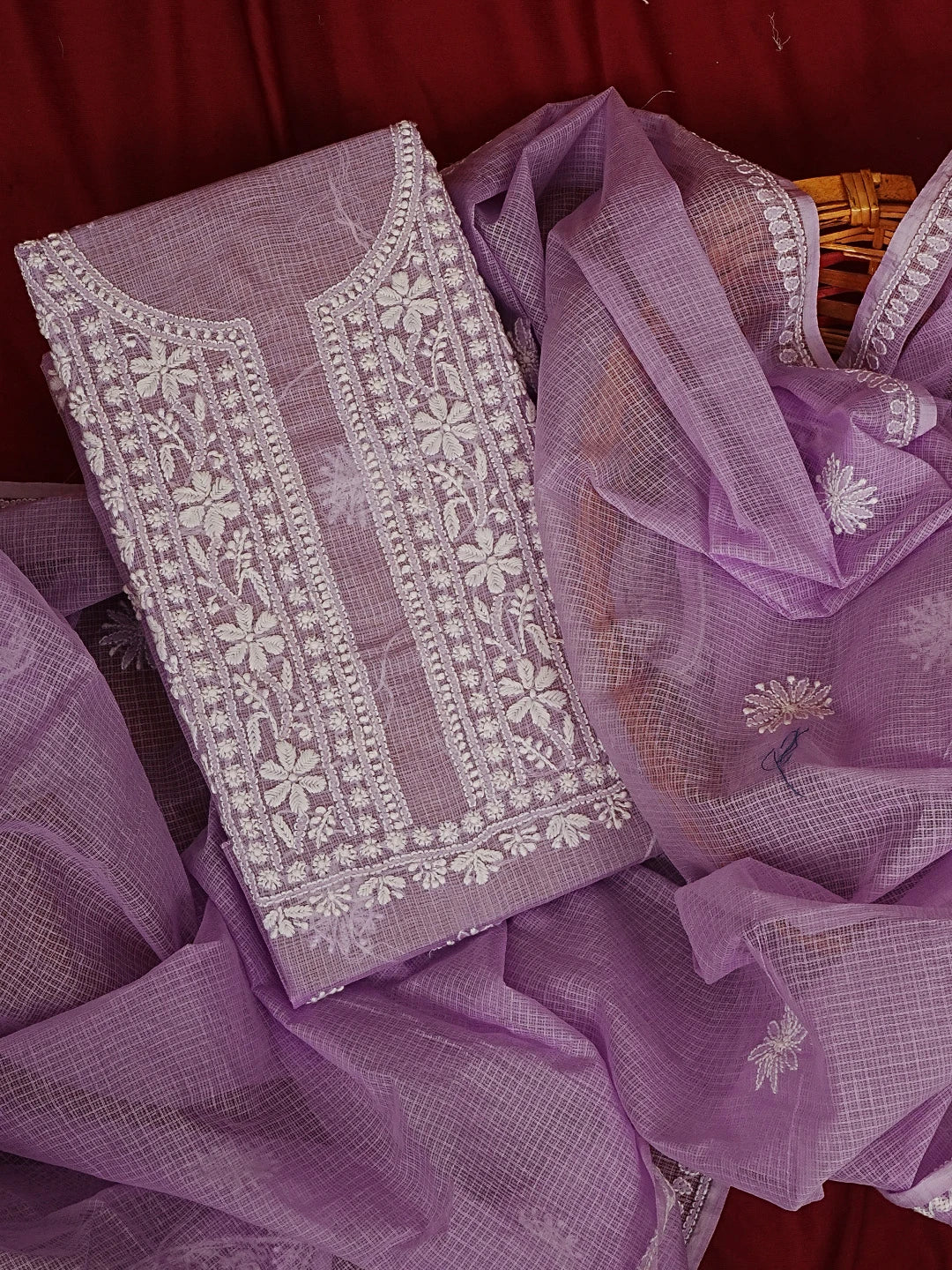 Ada Hand Embroidered Mauve Kota Lucknowi Chikankari Unstitched Kurta Dupatta Set 01A549036