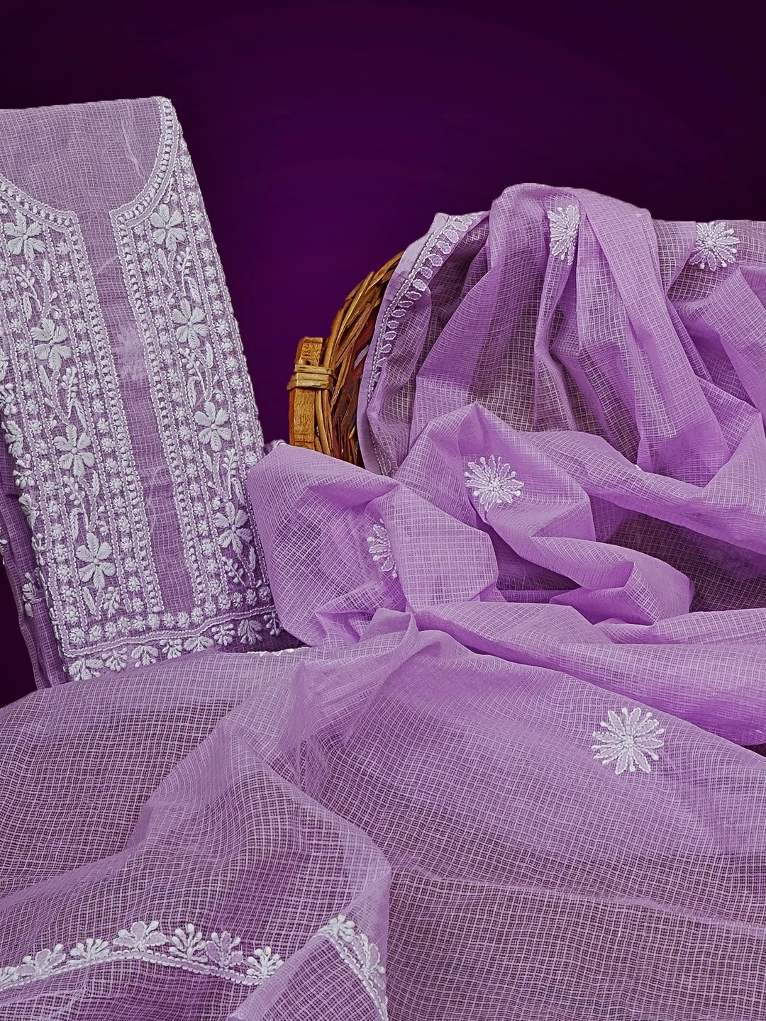 Ada Hand Embroidered Mauve Kota Lucknowi Chikankari Unstitched Kurta Dupatta Set 01A549036