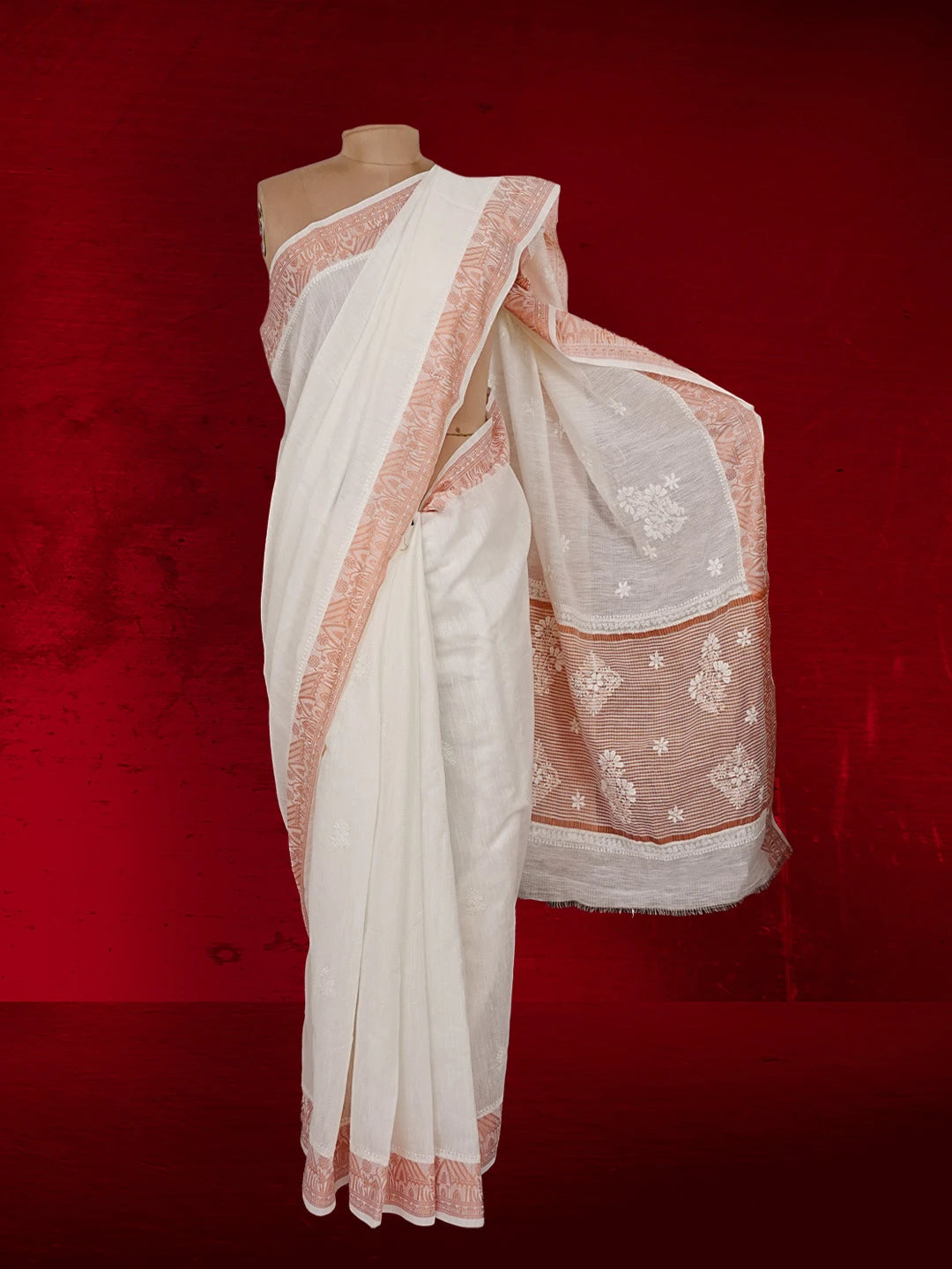 Ada Hand Embroidered Cream Chanderi Lucknowi Chikankari Saree and Blouse 01A554792