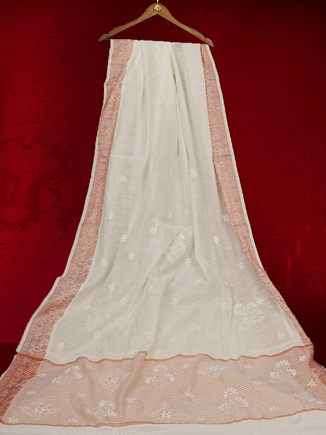 Ada Hand Embroidered Cream Chanderi Lucknowi Chikankari Saree and Blouse 01A554792