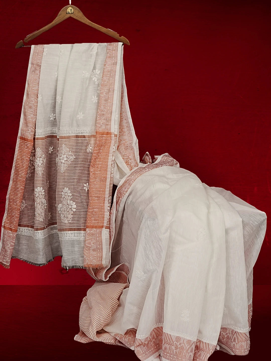 Ada Hand Embroidered Cream Chanderi Lucknowi Chikankari Saree and Blouse 01A554792