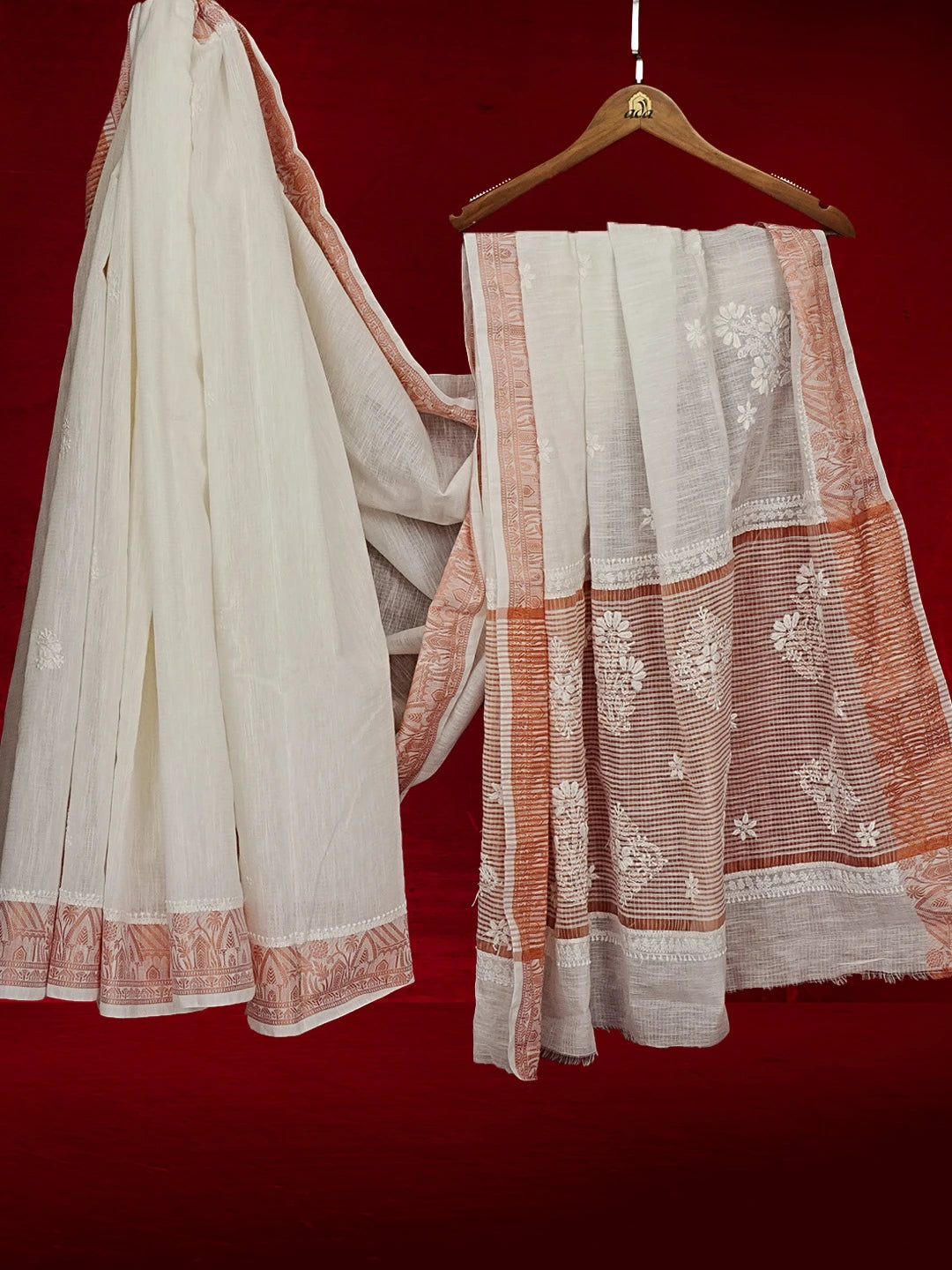 Ada Hand Embroidered Cream Chanderi Lucknowi Chikankari Saree and Blouse 01A554792