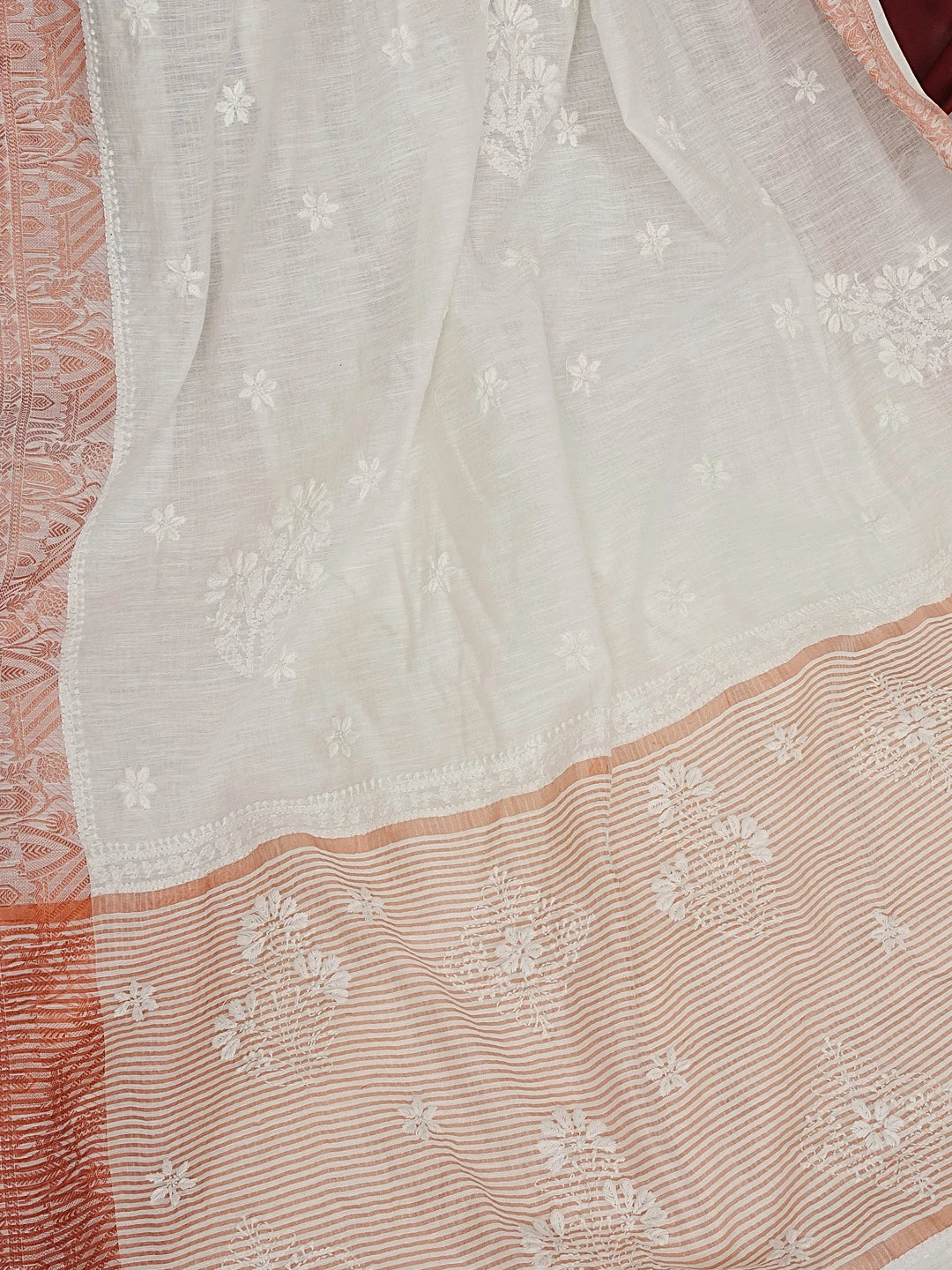 Ada Hand Embroidered Cream Chanderi Lucknowi Chikankari Saree and Blouse 01A554792