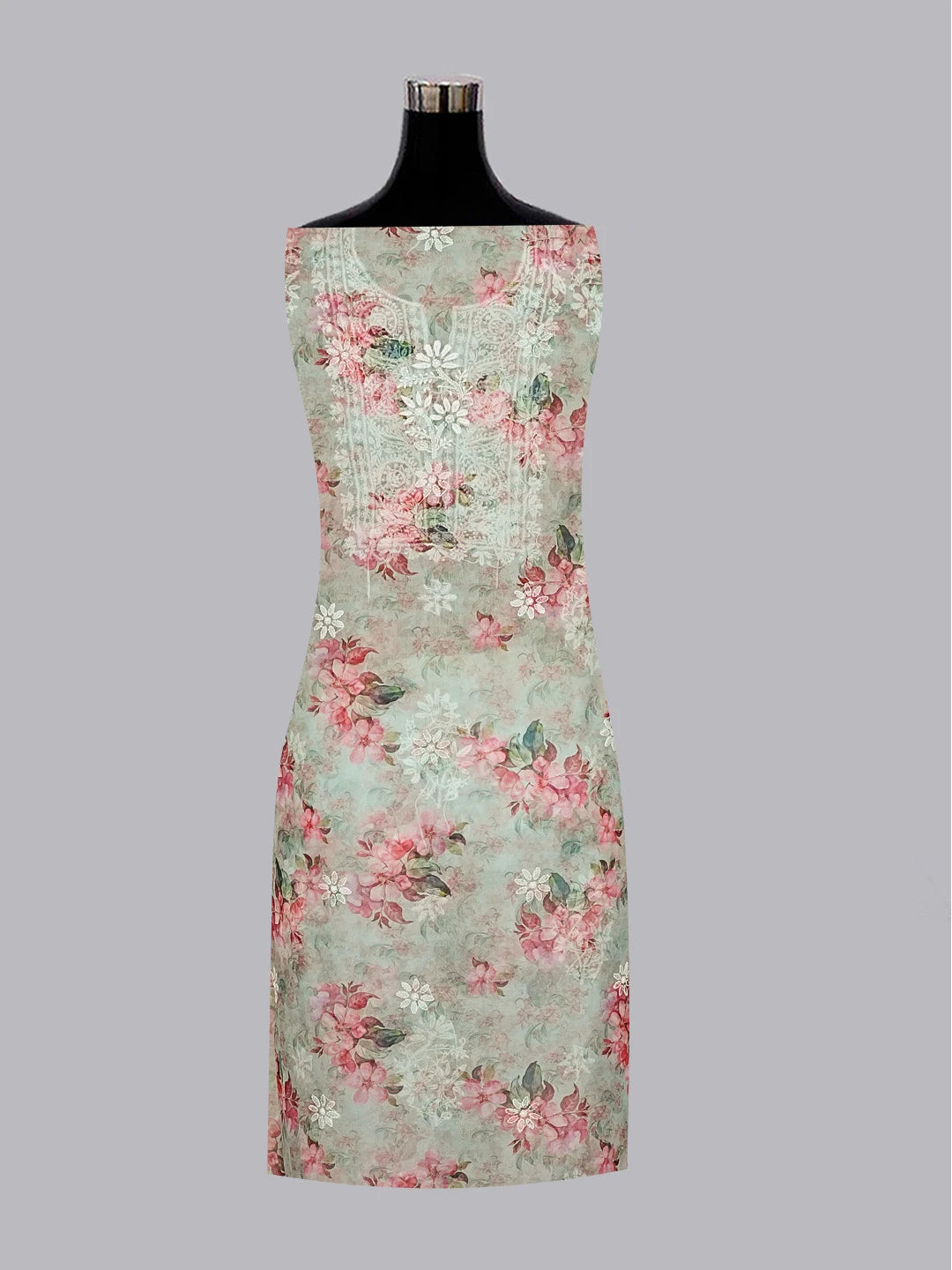 Ada Hand Embroidered Green & Pink Floral Printed Chikankari Unstitched Kurta Dupatta Set 01A551006