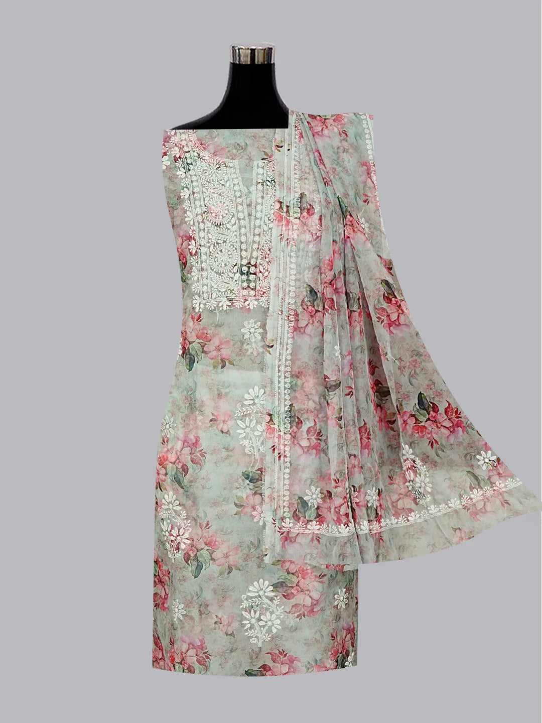 Ada Hand Embroidered Green & Pink Floral Printed Chikankari Unstitched Kurta Dupatta Set 01A551006