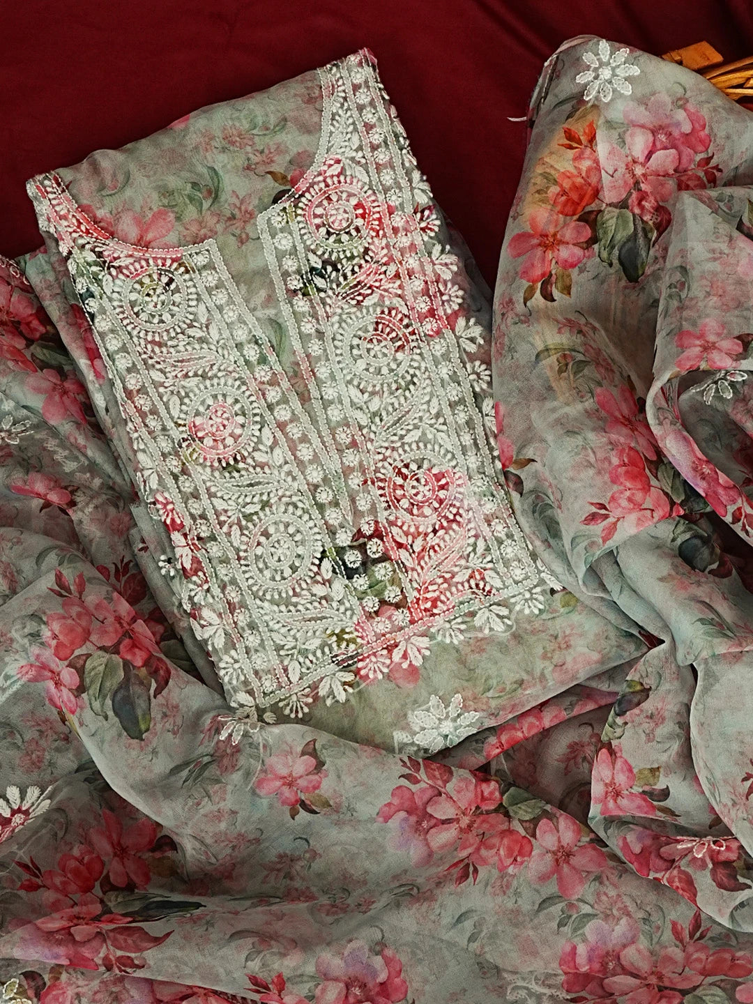 Ada Hand Embroidered Green & Pink Floral Printed Chikankari Unstitched Kurta Dupatta Set 01A551006